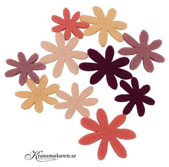 Blommor, mix. 3,5-4,5 cm. 10 st i gruppen Pynt & dekorationer / Småpynt / Blommor hos Kransmakaren.se (190-filtblommor mix)